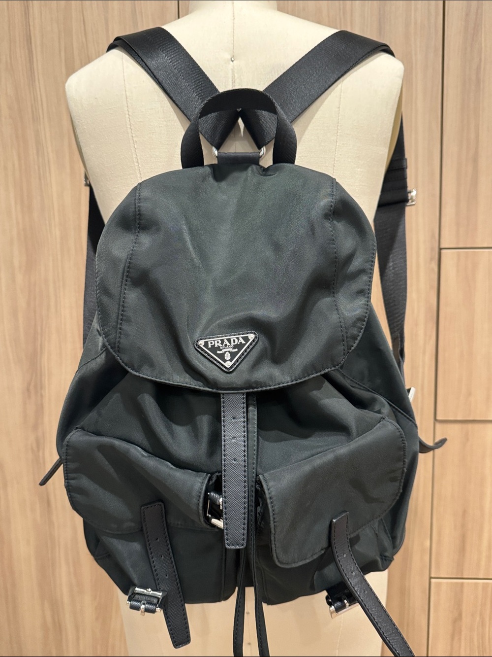 Black Nylon Backpack with Silver Logo Hardware